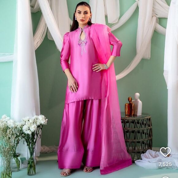 FARSHI SHALWAR KAMEEZ BOW DETAIL RHINESTONE PAKISTANI DRESS 3 PIECE ROMI APPAREL - Picture 1 of 10